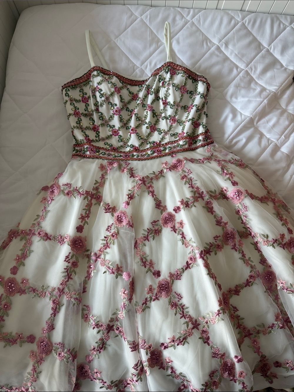 Jovani White Dress with Pink Floral Embroidery